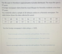 The life span in Honolulu is approximately normally distributed. The mean life span is
77 years.
A foreign newspaper claims that the mean lifespan for Honolulu residents is less than
77 years.
You randomly select a sample of 20 obituary notices in a Honolulu newspaper. The
table below shows the data collected (in years).
72
68
81
93
56
19
78
94
83
84
77
69
85
97
75
71
86
47
66
27
Test the foreign newspaper's claim using a = 0.01.
There is enough evidence to reject the null hypothesis. The claim is true.
There is enough evidence to reject the null hypothesis. The claim is false.
There is not enough evidence to reject the null hypothesis. The claim is probably true.
There is not enough evidence to reject the null hypothesis. The claim is probably false.
