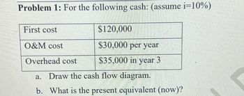 Problem 1: For the following cash: (assume i=10%)
First cost
O&M cost
Overhead cost
$120,000
$30,000 per year
$35,000 in year 3
a. Draw the cash flow diagram.
b. What is the present equivalent (now)?