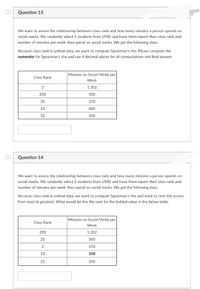 Question 13
We want to assess the relationship between class rank and how many minutes a person spends on
social media. We randomly select 5 students from UMD and have them report their class rank and
number of minutes per week they spend on social media. We get the following data.
Because class rank is ordinal data, we want to compute Spearman's rho. Please compute the
numerator for Spearman's rho and use 4 decimal places for all computations and final answer.
Minutes on Social Media per
Class Rank
Week
2
1,302
200
500
20
250
10
600
32
300
Question 14
We want to assess the relationship between class rank and how many minutes a person spends on
social media. We randomly select 5 students from UMD and have them report their class rank and
number of minutes per week they spend on social media. We get the following data.
Because class rank is ordinal data, we want to compute Spearman's rho and want to rank the scores
from least to greatest. What would be the the rank for the bolded value in the below table.
Minutes on Social Media per
Class Rank
Week
200
1,302
20
500
2
250
10
500
25
200
