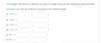 Use the graph of the function to determine the points on the graph that results from reflecting the graph horizontally
across the y -axis. Enter the coordinates of the points on the transformed graph.
a. (-4, 1) → (
b. (-3, 3) → (
c. (-2, 2) → (
d. (-1, 1) → (
e. (2, 1) → (
f. (4, 2) → (
