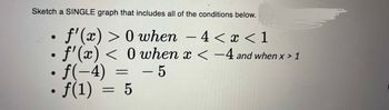 Sketch a SINGLE graph that includes all of the conditions below.
• f'(x) > 0 when - 4< x < 1
f'(x) < 0 when x < -4 and when x > 1
- 5
f(-4)
f(1) = 5