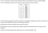11-6) A construction company needs asphalt machinery and equipment to pave a road for 600,000
units. The working hours per year for machines in the next 8 years will be as follows
Year
Hours a
year
1
3000
2
4000
3
4000
4
1600
1800
6
1800
7
2200
8
2200
If at the end of the asphalt work of this road, which is estimated to be eight years old, the machines have
a scrap value of 60,000 units, perform the following calculations:
A) Depreciation amounts and book value using SOYD method
B) Depreciation amounts and book value using the depreciation method based on the duration of the
operation
C) Which of the above depreciation methods is more economical? MARR = 10%
