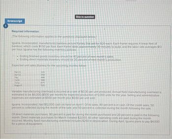 Itranscript
Required information
[The following information applies to the questions displayed below)
Iguana, Incorporated, manufactures bamboo picture frames that sell for $20 each. Each frame requires 4 linear feet of
bamboo, which costs $1.50 per foot. Each frame takes approximately 30 minutes to build, and the labor rate averages $13
per hour. Iguana has the following inventory policies
Ending finished goods inventory should be 40 percent of next month's sales.
Ending direct materials inventory should be 30 percent of next month's production.
Expected unit sales (frames) for the upcoming months follow:
.
March
April
May
June
July
August
Skip to question
325
350
400
5:00
475
525
Variable manufacturing overhead is incurred at a rate of $0.30 per unit produced. Annual fixed manufacturing overhead is
estimated to be $6.000 ($500 per month) for expected production of 5,000 units for the year. Selling and administrative
expenses are estimated at $550 per month plus $0.60 per unit sold.
iguana, Incorporated, had $12,000 cash on hand on April 1. Of its sales, 80 percent is in cash. Of the credit sales, 50
percent is collected during the month of the sale, and 50 percent is collected during the month following the sale.
Of direct materials purchases. 80 percent is paid for during the month purchased and 20 percent is paid in the following
month. Direct materials purchases for March 1 totaled $2,000. All other operating costs are paid during the month
incurred. Monthly fixed manufacturing overhead includes $250 in depreciation. During April, Iguana plans to pay $4,000
for a piece of equipment.