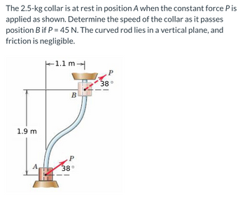 The 2.5-kg collar is at rest in position A when the constant force P is
applied as shown. Determine the speed of the collar as it passes
position B if P = 45 N. The curved rod lies in a vertical plane, and
friction is negligible.
1.9 m
A
-1.1 m
B
P
38°
P
38°