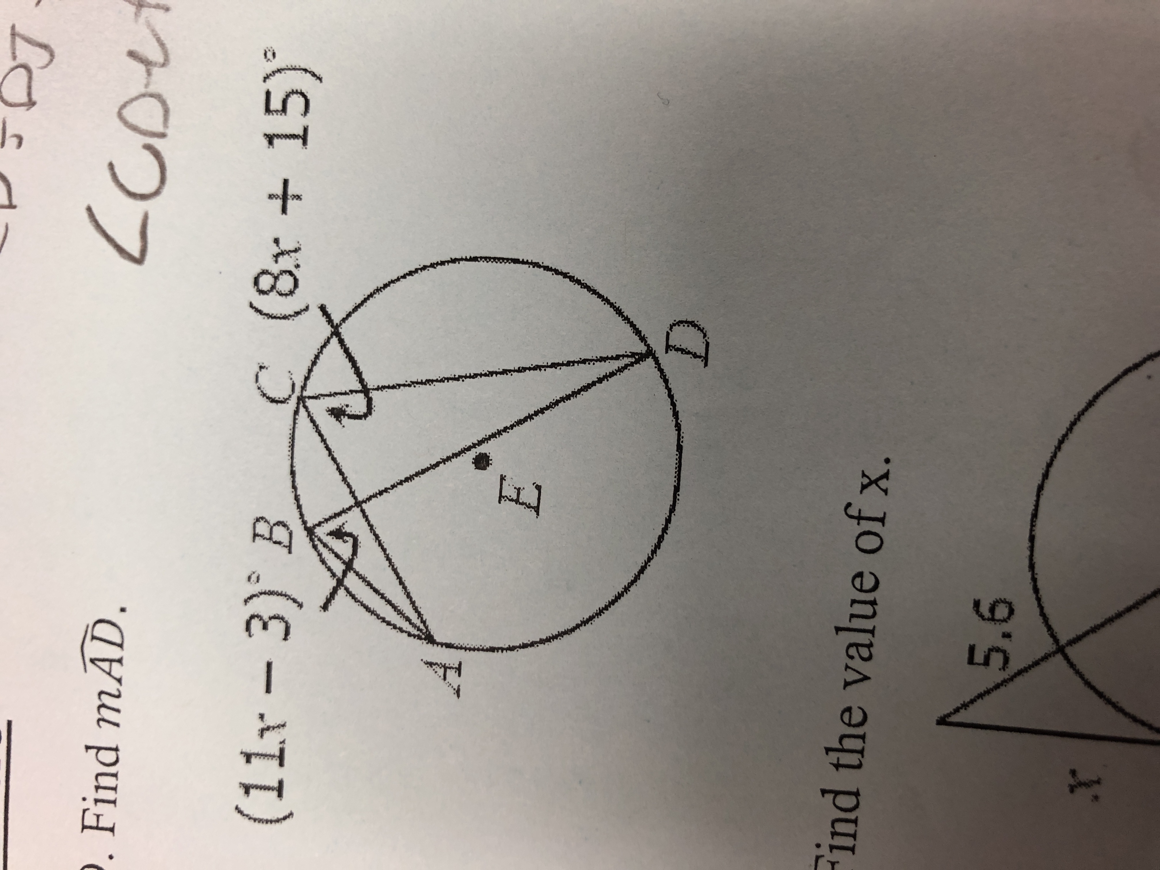 . Find mÃD.
(11r-3) B
(8r+15)*
Find the value of x.
5.6
