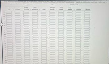 2. After all transactions have been entered, enter the total assets and the total liabilities plus owner's equity in the entry boxes below the transactions. If the two totals are not equal, first check the addition and subtraction. If you
still cannot find the error, reanalyze each transaction. Enter increases to accounts as positive amounts and decreases to accounts as negative amounts. If an amount box does not require an entry, leave it blank or enter "0".
Assets
= Liabilities +
Owner's Equity
Prepaid
Office
Accounts
Haas,
Haas,
Cash
Supplies
+
+
Insurance
+ Equipment
+
Library
=
Payable +
Capital
Drawing
Revenue
Expenses
(a)
(b)
Bal.
(c)
Bal.
(d)
Bal.
(e)
Bal.
(f)
Bal.
(g)
Bal.
(h)
Bal.
(i)
Bal.
(s)
Bal.
(k)
Bal.
(1)
Bal.
(m)