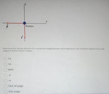 **Diagram Explanation:**
The diagram displays a coordinate system with the X-axis running horizontally and the Y-axis running vertically. A positively charged proton is located at the origin where the axes intersect. A magnetic field, denoted by the vector **B**, points to the left along the negative X-axis. The magnetic force, represented by the vector **F**, points downward along the negative Y-axis.

**Question:**
Determine the velocity direction for a positively charged particle which experiences the indicated magnetic force and magnetic field as shown in the figure.

**Answer Choices:**
- ○ +y
- ○ +x
- ○ zero
- ○ -y
- ○ -x
- ○ Out of page
- ○ Into page

**Educational Notes:**
To find the direction of the velocity of the proton, we can use the right-hand rule for the magnetic force on charged particles. According to the rule, if you point your fingers in the direction of the velocity of a positive charge and curl them towards the direction of the magnetic field, your thumb will point in the direction of the magnetic force. Here, we need to find the velocity direction based on the given force and magnetic field directions.