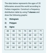 The data below represents the ages of 35
billionaires around the world according to
Forbes magazine. Construct a frequency
distribution table by using 7 classes and
draw the following graphs:
1)
Histogram
2)
Polygon
3)
Ogive
48
48
74
74
84
51
71
56
55
76
85
68
42
79
73
58
73
81
51
81
55
65
66
87
60
74
62
64
39
60
60
37
90
68
31
