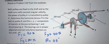 Based on Problem 5-87 from the textbook.
Both pulleys are fixed to the shaft and as the
shaft turns with constant angular velocity,
the power of pulley A is tramsitted to pulley
B. Determine the horizontal tension T in the
belt on pulley B and the x, y, z components
of reaciotn at the journal bearing C and
thrust bearing D. The bearings are in proper
alignment and exrt only force reactions on
the shaft.
F₁ = 70 N
F2=80 N
Unique Values for F
300 mm
F3 = 40 N
8= 44
44°
250 mm
200 mm
F₁
F2
80 mm
A
150 mm
B