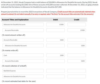 At December 31, 2021, Novak Company had a credit balance of $18,000 in Allowance for Doubtful Accounts. During 2022, Novak
wrote off accounts totaling $13,300. One of those accounts of $3,200 was later collected. At December 31, 2022, an aging schedule
indicated that the balance in Allowance for Doubtful Accounts should be $27,200.
Prepare journal entries to record the 2022 transactions of Novak Company. (Credit account titles are automatically indented when
amount is entered. Do not indent manually. If no entry is required, select "No Entry" for the account titles and enter O for the amounts.)
Account Titles and Explanation
Allowance for Doubtful Accounts
Accounts Receivable
(To record amount written off)
Accounts Receivable
Allowance for Doubtful Accounts
(To reverse write-off)
Cash
Accounts Receivable
(To record collection of writeoff)
Bad Debt Expense
Allowance for Doubtful Accounts
(To record estimated bad debts for the year)
Debit
13300
3200
3200
Credit
13300
3200
3200