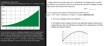 I. Estimating Area Under a Curve
Suppose we want to estimate the area under the curve f (x) = x² + 1 between x = 0 and
x = 4.
TY
16
12
3. Suppose that the area under some curve is divided into n rectangles and we want the
area under the curve between a and b. If we divide up the area into n rectangles of equal
width, what is the formula for the width, Ax?
Ax =
=
3 using a right-hand sum.
8
LO
4
.5
1.0
1.5 2.0 2.5 3.0
3.5
To find the shaded area, we will use Riemann rectangles (named for Bernard Riemann).
Suppose we draw 4 rectangles to estimate the area under the curve using a left-hand
sum. We break up our horizontal distance into 4 equal lengths. We take the total width,
4 - 0 = 4, and divide it by the number of rectangles, 4, to get equal-width rectangles.
Thus, each rectangle is width = 1. For the height of each rectangle, we'll use the left-
4-0
4
hand endpoint (the height or y-value of the curve at the left side of the rectangle.)
4. Let's examine a new function. Estimate the area under the curve
|f(x) = −4x² +16x + 3 between x = 0 and x
a. If we use 6 rectangles, what is the width Ax?
b. The height of each rectangle is given by the right-hand endpoint because this is
a right-hand sum. Draw the 6 Riemann rectangles for the right-hand sum. SHADE
INSIDE EACH RECTANGLE.
Ty
16
12
.5
1.0 1.5 2.0 2.5