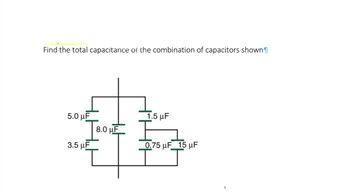 Find the total capacitance of the combination of capacitors shown
5.0 μF
1.5 μF
3.5 μF
0.75 μF 15 μF
8.0 uF