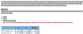 Cortez Company sells chairs that are used at computer stations. Its beginning Inventory of chairs was 150 units at $42
per unit. During the year, Cortez made two batch purchases of this chair. The first was a 305-unit purchase at $47 per
unit; the second was a 400-unit purchase at $49 per unit. During the period, it sold 495 chairs.
Required
Determine the amount of product costs that would be allocated to cost of goods sold and ending Inventory, assuming
that Cortez uses
a. FIFO.
b. LIFO.
c. Weighted average.
Do not round Intermediate calculations. Round your final answers to nearest whole dollar amount.
FIFO
Weighted
LIFO
Average
Cost of goods sold
Ending inventory
$ 22,595 $ 24,235
$
23,275
$ 17,640 $ 16,909
$
16,909