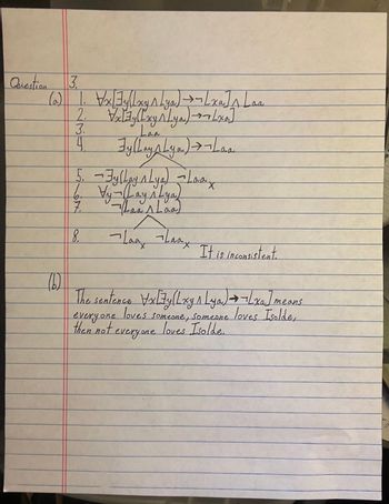 Question 3,
(a) 1. V x [Jy (Lxy^ Lya) → ¬ [xa] ^ [aa
V x [7y ([xy Alya) → → Lxa]
2.
3.
Lea
4
Jy (LayaLya) → ¬Laa
5. - Jy (Lay A Lya) - Loax
16. Vy-Lay Alya
-Laa Laa)
7.
(6)
8.
tháng hang
X
It is inconsistent.
The sentence Vx[7y (Lxy1 Lya) → ¬ [xa ] means
loves
every one
someone, someone loves Isolde,
then not everyone loves Isolde..
