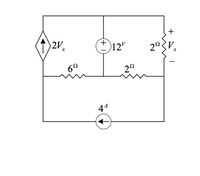 This diagram represents an electric circuit containing various components:

1. **Resistors**:
   - A 6-ohm (Ω) resistor is located on the left side of the circuit.
   - A 2-ohm (Ω) resistor is positioned on the right side, in series with a dependent voltage source.

2. **Voltage Sources**:
   - A dependent voltage source labeled \( 2V_x \) is depicted with a diamond shape, indicating it provides voltage proportional to another variable in the circuit (in this case, \( V_x \)).
   - An independent 12-volt (V) voltage source is placed vertically in the center of the circuit.

3. **Current Source**:
   - A 4-amp (A) independent current source is located at the bottom of the circuit, directing current counter-clockwise.

4. **Dependent Voltage Variable**:
   - The voltage \( V_x \) is across the 2-ohm resistor on the right, indicated by "+ \( V_x \) -".

This schematic is an example of a complex circuit with dependent and independent sources, suitable for analysis using techniques such as mesh or nodal analysis to determine current and voltage across various components.