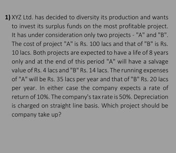 1) XYZ Ltd. has decided to diversity its production and wants
to invest its surplus funds on the most profitable project.
It has under consideration only two projects - "A" and "B".
The cost of project "A" is Rs. 100 lacs and that of "B" is Rs.
10 lacs. Both projects are expected to have a life of 8 years
only and at the end of this period "A" will have a salvage
value of Rs. 4 lacs and "B" Rs. 14 lacs. The running expenses
of "A" will be Rs. 35 lacs per year and that of "B" Rs. 20 lacs
per year. In either case the company expects a rate of
return of 10%. The company's tax rate is 50%. Depreciation
is charged on straight line basis. Which project should be
company take up?