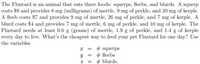 The Flustard is an animal that eats three foods: squerps, fleebs, and blurds. A squerp
costs $8 and provides 8 mg (milligrams) of mertle, 9 mg of perkle, and 20 mg of kerple.
A fleeb costs $7 and provides 9 mg of mertle, 26 mg of perkle, and 7 mg of kerple. A
blurd costs $4 and provides 7 mg of mertle, 6 mg of perkle, and 10 mg of kerple. The
Flustard needs at least 0.6 g (grams) of mertle, 1.9 g of perkle, and 1.4 g of kerple
every day to live. What's the cheapest way to feed your pet Flustard for one day? Use
the variables
# squerps
= # fleebs
= # blurds.
%3D
