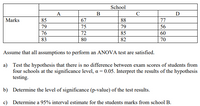 School
A
B
C
D
Marks
85
67
88
77
79
75
79
56
76
72
85
60
83
80
82
70
Assume that all assumptions to perform an ANOVA test are satisfied.
a) Test the hypothesis that there is no difference between exam scores of students from
four schools at the significance level, a = 0.05. Interpret the results of the hypothesis
testing.
b) Determine the level of significance (p-value) of the test results.
c) Determine a 95% interval estimate for the students marks from school B.
