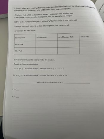5. Jason's bakery sells a variety of savoury packs. Jason decides to make only the following two pastry packs to
streamline production as they have sold the best over a long period of time.
- The Party Pack, which contains three pasties, two sausage rolls, and four pies
- The Mini Pack, which contains three pasties, four sausage rolls, and two pies
Let "x" be the number of Party Packs sold and "y" be the number of Mini Packs sold.
Each day, Jason only bakes 18 pasties, 20 sausage rolls, and 20 pies to sell.
a) Complete the table below:
Savoury Pack
Party Pack
Mini Pack
no. of Pasties
b) Five constraints can be used to model this situation.
Complete the constraints below.
3x + 3y ≤ 18 written in slope - intercept form as y = -x + 6
x2_
no. of Sausage Rolls
2x + 4y ≤ 20 written in slope - intercept form as y=-2x + 10
y ≥_
written in slope - intercept form as
no. of Pies
c) On the grid t