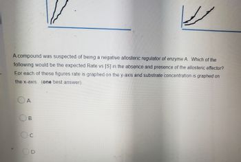 \/
A compound was suspected of being a negative allosteric regulator of enzyme A. Which of the
following would be the expected Rate vs [S] in the absence and presence of the allosteric effector?
For each of these figures rate is graphed on the y-axis and substrate concentration is graphed on
the x-axis. (one best answer)
OA
OB
D