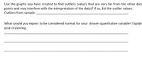 Use the graphs you have created to find outliers (values that are very far from the other data
points and may interfere with the interpretation of the data)? If so, list the outlier values.
Outliers from sample:
What would you expect to be considered normal for your chosen quantitative variable? Explain
your reasoning.
