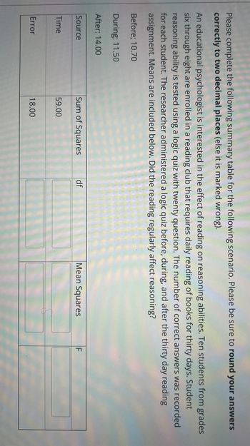 Please complete the following summary table for the following scenario. Please be sure to round your answers
correctly to two decimal places (else it is marked wrong).
An educational psychologist is interested in the effect of reading on reasoning abilities. Ten students from grades
six through eight are enrolled in a reading club that requires daily reading of books for thirty days. Student
reasoning ability is tested using a logic quiz with twenty question. The number of correct answers was recorded
for each student. The researcher administered a logic quiz before, during, and after the thirty day reading
assignment. Means are included below. Did the reading regularly affect reasoning?
Before; 10.70
During: 11.50
After: 14.00
Source
Time
Error
Sum of Squares
59.00
18.00
df
Mean Squares
F