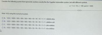 Consider the following system that represents numbers exactly like the Egyptian numeration system, but with different symbols.
a=1, b=10, c=100, and d=1000.
Write 1432 using this numerical system.
OA. 1432=1000+100+100+100+100+10+
OB. 1432-1000+100+100+100+100+
O C. 1432-1000+100+100+100+100+
OD. 1432=1000+100+100+100+100+10+
A
10+10+1+1=dddddccbba
10+10+10+1+1= abbbbcccdd
10+ 10+10+1+1=ddcccbbbba
10+10+1+1=dccccbbbaa