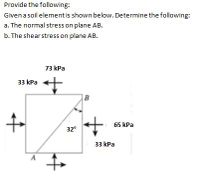 Provide the following:
Givena soil element is shown below. Determine the following:
a. The normal stress on plane AB.
b. The shear stress on plane AB.
73 КРа
33 КРа
|B
65 kPa
32°
33 КРа
