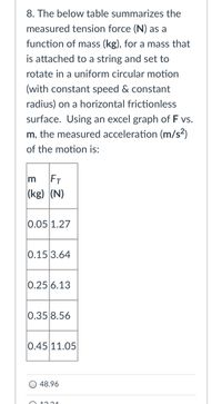 8. The below table summarizes the
measured tension force (N) as a
function of mass (kg), for a mass that
is attached to a string and set to
rotate in a uniform circular motion
(with constant speed & constant
radius) on a horizontal frictionless
surface. Using an excel graph of F vs.
m, the measured acceleration (m/s2)
of the motion is:
FT
(kg) (N)
m
0.05 1.27
0.15 3.64
0.25 6.13
0.35 8.56
0.45 11.05
O 48.96
12 24
