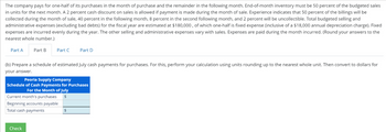 The company pays for one-half of its purchases in the month of purchase and the remainder in the following month. End-of-month inventory must be 50 percent of the budgeted sales
in units for the next month. A 2 percent cash discount on sales is allowed if payment is made during the month of sale. Experience indicates that 50 percent of the billings will be
collected during the month of sale, 40 percent in the following month, 8 percent in the second following month, and 2 percent will be uncollectible. Total budgeted selling and
administrative expenses (excluding bad debts) for the fiscal year are estimated at $180,000, of which one-half is fixed expense (inclusive of a $18,000 annual depreciation charge). Fixed
expenses are incurred evenly during the year. The other selling and administrative expenses vary with sales. Expenses are paid during the month incurred. (Round your answers to the
nearest whole number.)
Part A
Part B
Part C
Part D
(b) Prepare a schedule of estimated July cash payments for purchases. For this, perform your calculation using units rounding up to the nearest whole unit. Then convert to dollars for
your answer.
Peoria Supply Company
Schedule of Cash Payments for Purchases
For the Month of July
Current month's purchases
Beginning accounts payable
Total cash payments
$
$
Check