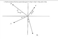 1. Find the resultant of the force system below given P = 42 |b, F= 22 lb, T= 15 lb, and Q = 33 lb
4
3
30 0
25 o
Q
