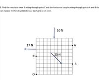 2. Find the resultant force R acting through point C and the horizontal couple acting through points A and B tha
can replace the force system below. Each grid is 1m x 1m.
10 N
17 N
A
25 N
В
