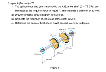 Chapter 6 (Torsion) - T6
1. The splined ends and gears attached to the A992 steel shaft (G = 75 GPa) are
subjected to the torques shown in Figure 1. The shaft has a diameter of 40 mm.
a) Draw the internal torque diagram from A to D.
b) Calculate the maximum shear stress of the shaft, in MPa.
c) Determine the angle of twist of end B with respect to end A, in degree.
200 N-m
600 N-m
400 mm
400 N-m
1200 N-m
500 mm
Figure 1
600 mm
B