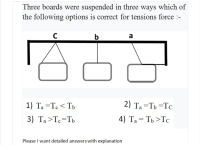 Three boards were suspended in three ways which of
the following options is correct for tensions force :-
b
a
1) Ta =Te< Tb
2) Ta =Tb =Tc
3) Ta>Te=Tb
4) Ta= Tô >Tc
