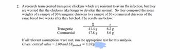 2. A research team created transgenic chickens which are resistant to avian flu infection, but they
are worried that the chickens take longer to develop that normal. So they compared the mean
weights of a sample of 30 transgenic chickens to a sample of 30 commercial chickens of the
same breed two weeks after they hatched. The results are below:
Transgenic
Commercial
X
41.4 g
47.8 g
S
6.2 g
5.6 g
If all relevant assumptions were met, run the appropriate test for this analysis.
Given: critical value = 2.00 and SEpooled = 1.37g