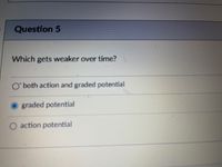 Question 5
Which gets weaker over time?
O' both action and graded potential
graded potential
O action potential
