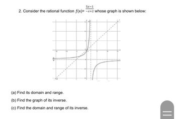 5x-1
2. Consider the rational function f(x)= -x+2 whose graph is shown below:
b
9
-15
-10
(a) Find its domain and range.
(b) Find the graph of its inverse.
(c) Find the domain and range of its inverse.
I
10
15
||