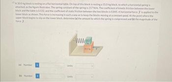 A 30.0-kg block is resting on a flat horizontal table. On top of this block is resting a 15.0-kg block, to which a horizontal spring is
attached, as the figure illustrates. The spring constant of the spring is 217 N/m. The coefficient of kinetic friction between the lower
block and the table is 0.532, and the coefficient of static friction between the two blocks is 0.845. A horizontal force is applied to the
lower block as shown. This force is increasing in such a way as to keep the blocks moving at a constant speed. At the point where the
upper block begins to slip on the lower block, determine (a) the amount by which the spring is compressed and (b) the magnitude of the
force .
(a) Number i
(b) Number
Units
Units
www.
15.0
30.0 kg