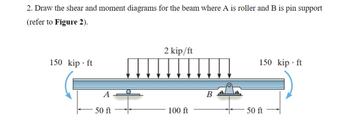 2. Draw the shear and moment diagrams for the beam where A is roller and B is pin support
(refer to Figure 2).
150 kip. ft
A
50 ft
2 kip/ft
100 ft
150 kip. ft
50 ft