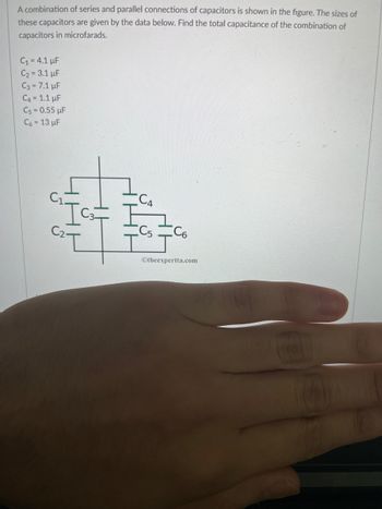 A combination of series and parallel connections of capacitors is shown in the figure. The sizes of
these capacitors are given by the data below. Find the total capacitance of the combination of
capacitors in microfarads.
C₁ = 4.1 µF
C₂= 3.1 µF
C3= 7.1 μF
C4 = 1.1 µF
C5 = 0.55 µF
C6 = 13 µF
+
C3
H
ст
C4
C5 C6
T
Otheexpertta.com