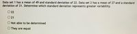 Data set 1 has a mean of 49 and standard deviation of 22. Data set 2 has a mean of 27 and a standard
deviation of 21. Determine which standard deviation represents greater variability.
O 22
21
O Not able to be determined
O They are equal
