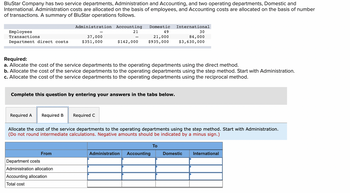 BluStar Company has two service departments, Administration and Accounting, and two operating departments, Domestic and
International. Administration costs are allocated on the basis of employees, and Accounting costs are allocated on the basis of number
of transactions. A summary of BluStar operations follows.
Employees
Transactions
Department direct costs
Administration Accounting Domestic
21
49
21,000
$935,000
37,000
$351,000
Complete this question by entering your answers in the tabs below.
Required A Required B Required C
From
$142,000
Required:
a. Allocate the cost of the service departments to the operating departments using the direct method.
b. Allocate the cost of the service departments to the operating departments using the step method. Start with Administration.
c. Allocate the cost of the service departments to the operating departments using the reciprocal method.
Department costs
Administration allocation
Accounting allocation
Total cost
Allocate the cost of the service departments to the operating departments using the step method. Start with Administration.
(Do not round intermediate calculations. Negative amounts should be indicated by a minus sign.)
International
Administration Accounting
30
84,000
$3,630,000
To
Domestic
International