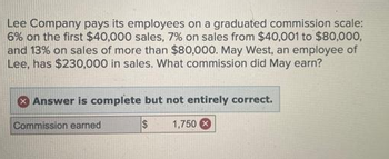 Lee Company pays its employees on a graduated commission scale:
6% on the first $40,000 sales, 7% on sales from $40,001 to $80,000,
and 13% on sales of more than $80,000. May West, an employee of
Lee, has $230,000 in sales. What commission did May earn?
Answer is complete but not entirely correct.
Commission earned
1,750