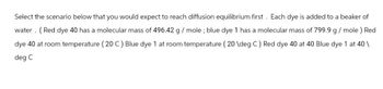 Select the scenario below that you would expect to reach diffusion equilibrium first. Each dye is added to a beaker of
water (Red dye 40 has a molecular mass of 496.42 g / mole; blue dye 1 has a molecular mass of 799.9 g/mole) Red
dye 40 at room temperature (20 C) Blue dye 1 at room temperature (20 \deg C) Red dye 40 at 40 Blue dye 1 at 40 \
deg C