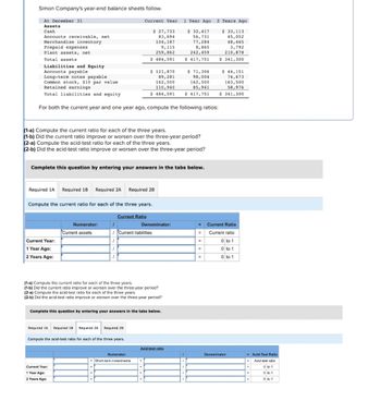 Simon Company's year-end balance sheets follow.
At December 31
Assets
Cash
Accounts receivable, net
Merchandise inventory
Prepaid expenses
Plant assets, net
Total assets
Liabilities and Equity
Accounts payable
Long-term notes payable
Common stock, $10 par value
Retained earnings
Total liabilities and equity
For both the current year and one year ago, compute the following ratios:
(1-a) Compute the current ratio for each of the three years.
(1-b) Did the current ratio improve or worsen over the three-year period?
(2-a) Compute the acid-test ratio for each of the three years.
(2-b) Did the acid-test ratio improve or worsen over the three-year period?
Required 1A Required 1B Required 2A Required 2B
Current Year:
1 Year Ago:
2 Years Ago:
Complete this question by entering your answers in the tabs below.
Compute the current ratio for each of the three years.
Numerator:
Current assets
Current Year:
1 Year Ago:
2 Years Ago:
I
Current Year
$ 27,733
83,694
104,187
9,115
259,862
$ 484,591
1
1
1
Required 1A Required 1B Required 2A Required 28
+
Current Ratio
(1-a) Compute the current ratio for each of the three years.
(1-b) Did the current ratio improve or worsen over the three-year period?
(2-a) Compute the acid-test ratio for each of the three years.
(2-b) Did the acid-test ratio improve or worsen over the three-year period?
Compute the acid-test ratio for each of the three years.
+
Complete this question by entering your answers in the tabs below.
+
$ 121,870
89,281
162,500
110,940
$ 484,591 $ 417,751 $ 341,300
Numerator:
+Short-term investments
Current liabilities
Denominator:
1 Year Ago
$ 32,417
56,731
77,284
8,860
242,459
$ 417,751
+
Acid-test ratio
$ 71,306
98,004
162,500
85,941
I
1
1
1
=
=
2 Years Ago
$ 33,113
45,052
48,465
3,792
210,878
$ 341,300
=
=
$ 44,151
74,673
163,500
58,976
Current Ratio
Current ratio
0 to 1
0 to 1
0 to 1
Denominator:
= Acid-Test Ratio
Acid-test ratio
0 to 1
0 to 1
0 to 1
=
-
=
=