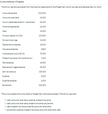 Current Attempt in Progress
The following items are taken from the financial statements of the Freight Service for the year ending December 31, 2020:
Accounts payable
Accounts receivable
Accumulated depreciation - equipment
Advertising expense
Cash
Owner's capital (1/1/20)
Owner's drawings
Depreciation expense
Insurance expense
Note payable, due 6/30/21
Prepaid insurance (12-month policy)
Rent expense
Salaries and wages expense
Service revenue
Supplies
Supplies expense
Equipment
$ 19,000
13,000
26,000
21,200
15,000
104,000
11.000
12,000
3,900
72,000
7,200
16,000
32,000
135,000
5,000
6,000
210,000
The current assets should be listed on Freight Service's balance sheet in the following order:
O cash, accounts receivable, supplies, prepaid insurance.
O cash, accounts receivable, prepaid insurance, equipment.
O cash, prepaid insurance, supplies, accounts receivable.
O equipment, supplies, prepaid insurance, accounts receivable, cash.