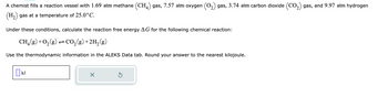 A chemist fills a reaction vessel with 1.69 atm methane (CH4) gas, 7.57 atm oxygen (0₂) gas, 3.74 atm carbon dioxide (CO₂) gas, and 9.97 atm hydrogen
(H₂) gas at a temperature of 25.0°C.
Under these conditions, calculate the reaction free energy AG for the following chemical reaction:
CH₂(g) + O₂(g) → CO₂(g) + 2H₂(g)
2
Use the thermodynamic information in the ALEKS Data tab. Round your answer to the nearest kilojoule.
[ม
kJ
X