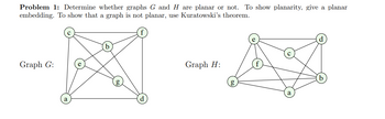 **Problem 1:** Determine whether graphs \( G \) and \( H \) are planar or not. To show planarity, give a planar embedding. To show that a graph is not planar, use Kuratowski’s theorem.

### Graph G:
Graph \( G \) consists of seven vertices labeled \( a, b, c, d, e, f, \) and \( g \). The vertices are interconnected with edges forming a complete graph structure, indicating a high degree of connectivity among them.

### Graph H:
Graph \( H \) also has seven vertices labeled \( a, b, c, d, e, f, \) and \( g \). This graph appears more interconnected and complex, with multiple crisscrossing edges, indicating possible non-planarity.

**Explanation of Planarity and Kuratowski's Theorem:**

- **Planarity**: A graph is planar if it can be drawn on a plane without any edges crossing.
- **Kuratowski's Theorem**: A graph is non-planar if and only if it contains a subgraph that is a subdivision of \( K_5 \) (complete graph on five vertices) or \( K_{3,3} \) (complete bipartite graph on two sets of three vertices).

To determine the planarity of Graphs \( G \) and \( H \), examine whether these graphs can be redrawn without crossing edges or if they contain a subgraph homeomorphic to \( K_5 \) or \( K_{3,3} \).