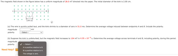 The magnetic field shown in the figure below has a uniform magnitude of 28.0 mT directed into the paper. The initial diameter of the kink is 2.00 cm.
x
x
A.
X
X
x
x x
x
Need Help?
X x
x
xxx
x
x
xx
x
x
x
---Select---
x
x x
x x
x
2.00 cm
x
x
x
X x x
xxx
X
B
XX
x x
i
(a) The wire is quickly pulled taut, and the kink shrinks to a diameter of zero in 51.0 ms. Determine the average voltage induced between endpoints A and B. Include the polarity.
magnitude
mV
polarity
x
x x x
(b) Suppose the kink is undisturbed, but the magnetic field increases to 104 mT in 4.35 × 10-³ s. Determine the average voltage across terminals A and B, including polarity, during this period.
magnitude
mV/
polarity
---Select---
A is positive relative to B.
B is positive relative to A.
The voltage is zero.