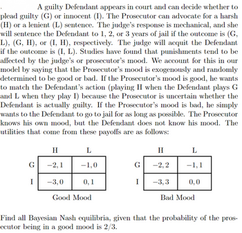 A guilty Defendant appears in court and can decide whether to
plead guilty (G) or innocent (I). The Prosecutor can advocate for a harsh
(H) or a lenient (L) sentence. The judge's response is mechanical, and she
will sentence the Defendant to 1, 2, or 3 years of jail if the outcome is (G,
L), (G, H), or (I, H), respectively. The judge will acquit the Defendant
if the outcome is (I, L). Studies have found that punishments tend to be
affected by the judge's or prosecutor's mood. We account for this in our
model by saying that the Prosecutor's mood is exogenously and randomly
determined to be good or bad. If the Prosecutor's mood is good, he wants
to match the Defendant's action (playing H when the Defendant plays G
and L when they play I) because the Prosecutor is uncertain whether the
Defendant is actually guilty. If the Prosecutor's mood is bad, he simply
wants to the Defendant to go to jail for as long as possible. The Prosecutor
knows his own mood, but the Defendant does not know his mood. The
utilities that come from these payoffs are as follows:
G
I
H
-2,1
-3,0
L
-1,0
0,1
Good Mood
G
I
H
-2,2
-3,3
L
-1,1
0,0
Bad Mood
Find all Bayesian Nash equilibria, given that the probability of the pros-
ecutor being in a good mood is 2/3.